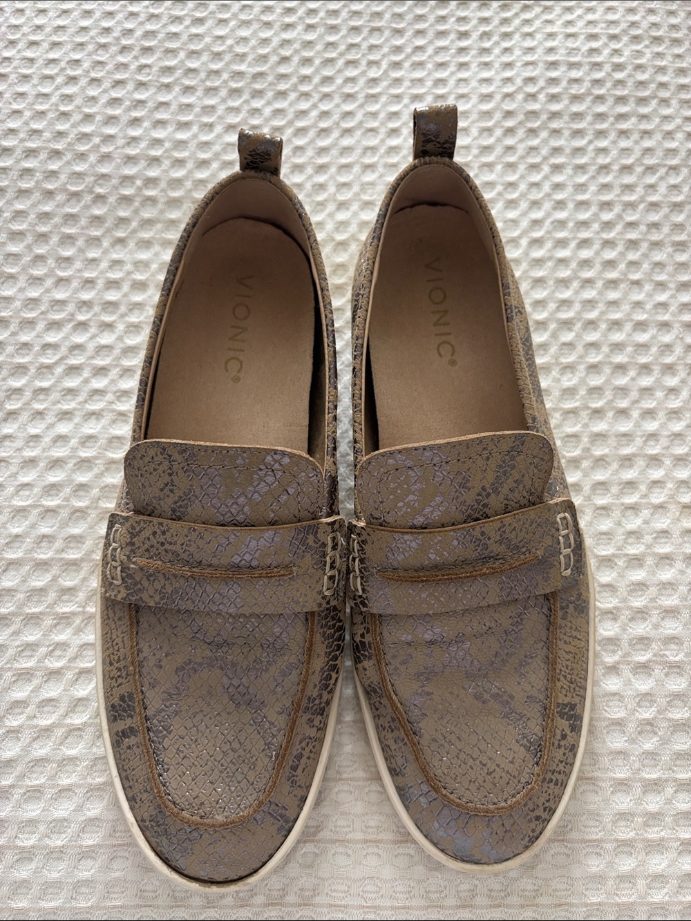 Vionic Taupe Snake-Print Slip-On Loafers